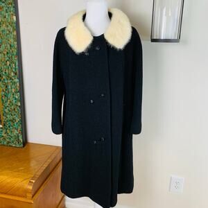 Vintage Forstmann Large Wool Coat Real Fur Collar Black Bouclé Double Breasted